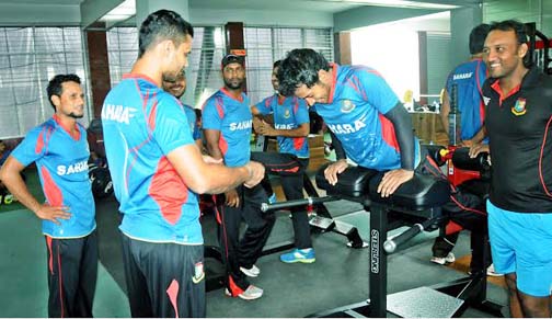 Members of Bangladesh National Cricket team during their training session at the Gymnasium in the Sher-e-Bangla National Cricket Stadium in Mirpur on Wednesday.