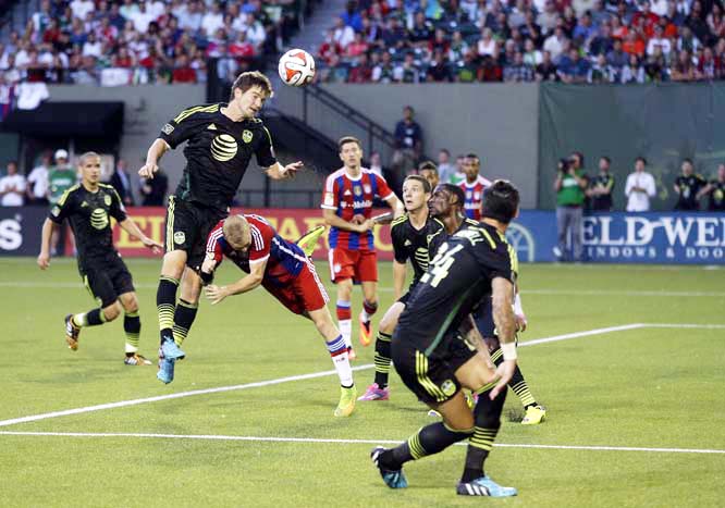 DC United defender Bobby Boswell heads the ball in an attempt to clear it near the goal as Bayern Munich's Sebastian Rode dives to stop him in the second half of the MLS All-Star soccer game in Portland, Ore on Wednesday. The MLS All-Stars won 2-1.