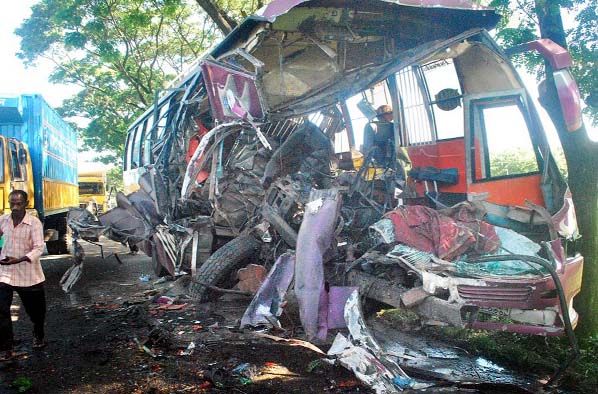 A bus - truck collision at Barabkundo point on Dhaka-Chittaong Highway took place yesterday killing at least four people .