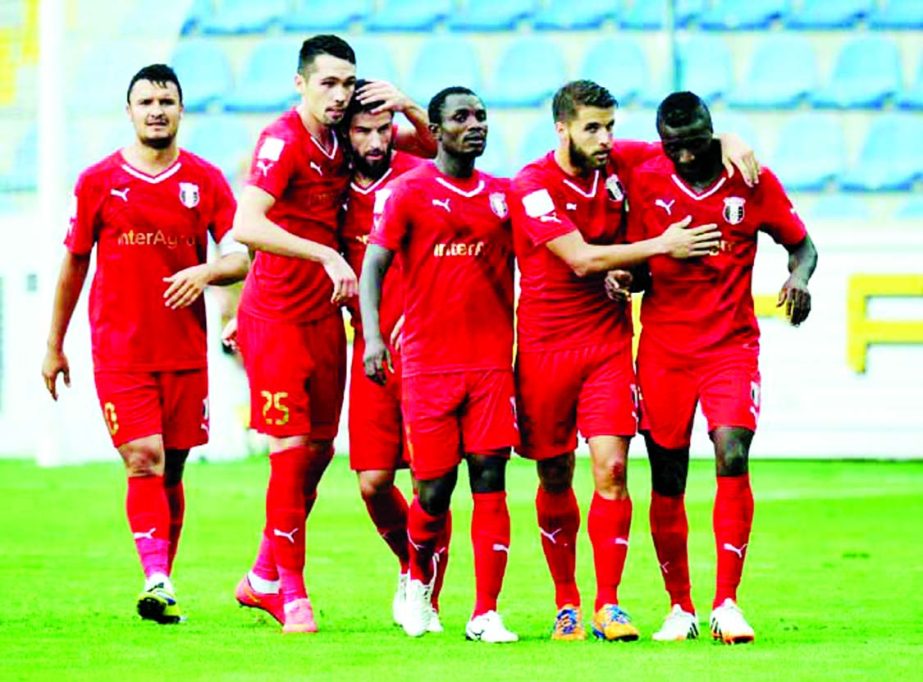 Players of Romanian soccer team Astra Giurgiu celebrate their goal during the Europa League third qualifying round second leg soccer match against Slovan Liberec in Liberec, Czech Republic on Thursday. Giurgiu won 3-2.