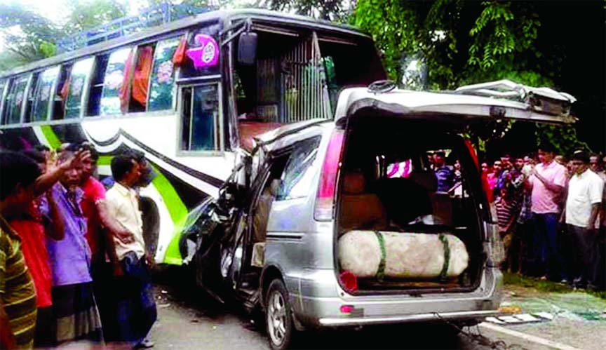 A triangular collision between bus-microbus and a motorcycle at Hugli area of Bahubal upazila in Habiganj killing seven people on Friday.