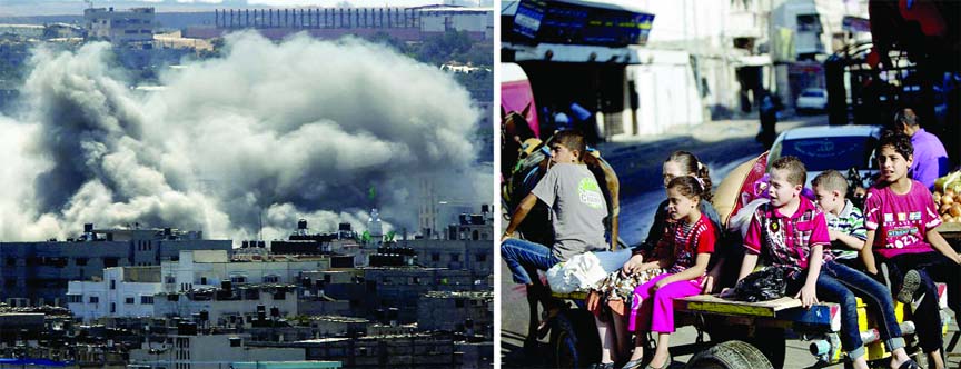 (Left) WAR ONCE MORE: Smoke rose again over Gaza City yesterday after a 72-hour ceasefire ended without being extended. Some Palestinian families have once again fled their homes (right).