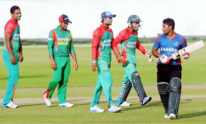 A scene from the practice match between Bangladesh Red team and Bangladesh Green team at the Sher-e-Bangla National Cricket Stadium in Mirpur on Saturday.