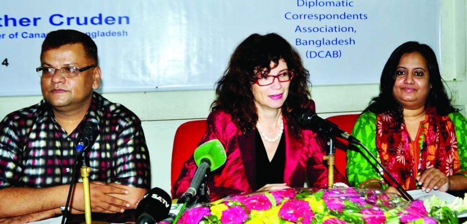 Canadian High Commissioner to Bangladesh Heather Cruden speaking at a press conference organized by Diplomatic Correspondents Association Bangladesh at the National Press Club on Monday.