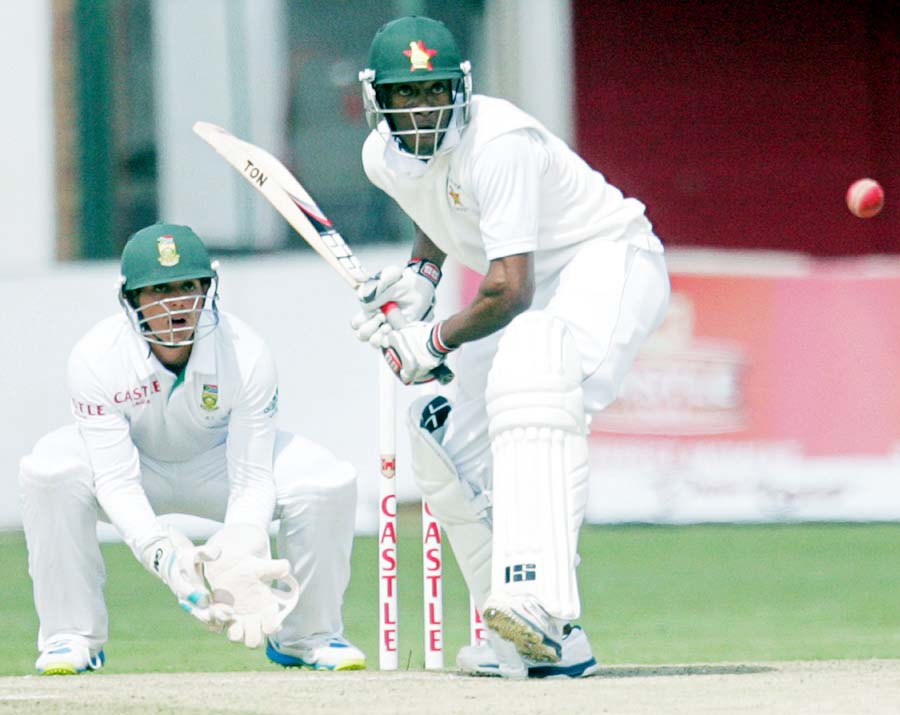 Vusi Sibanda prepares to play the ball on the 4th day of Harare Test between Zimbabwe and South Africa at Harare on Tuesday.