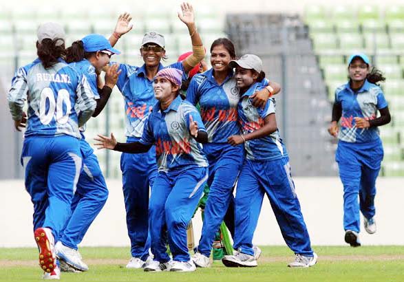 Members of Mohammedan Sporting Club celebrate after defeating Gulshan Youth Club in the first semi-final of the Metropolitan Women's Cricket League at the Sher-e-Bangla National Cricket Stadium in Mirpur on Tuesday.