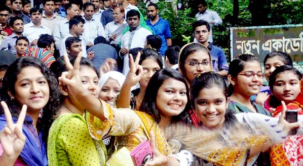 Students of Haji Mohsin College in Chittagong rejoicing after publishing HSC result yesterday.