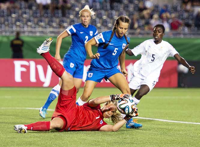 Finland's keeper Vera Varis makes a save as teammates Tia Halinen (left) and Katarina Naumanen (center) defend against Ghana's Veronica Appiah at the FIFA U20 Women's World Cup in Moncton, New Brunswick on Tuesday. Ghana won 2-1.