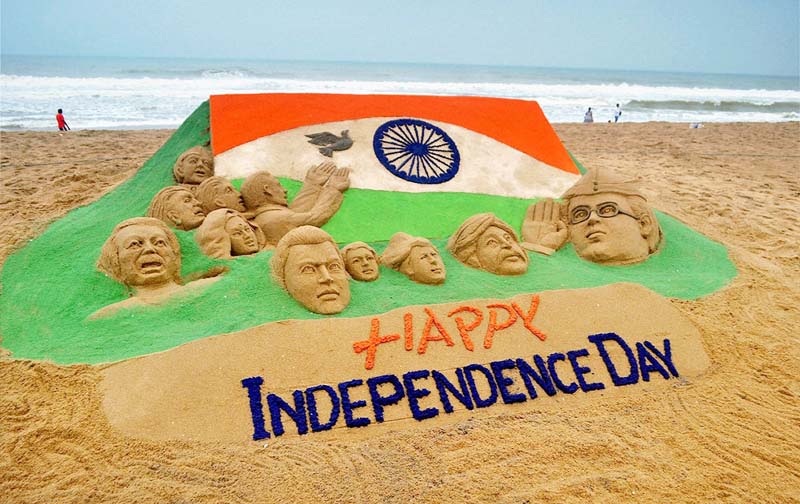 A sand sculpture on eve of Indiaâ€™s Indipendance day at Puri beach.