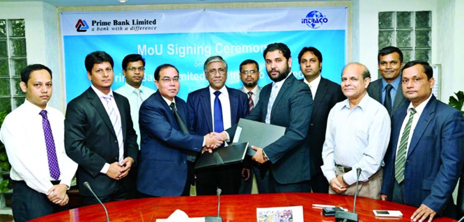 Ahmed Kamal Khan Chowdhury, Deputy Managing Director of Prime Bank Limited and Md Irad Ali, Deputy Managing Director of Intraco Limited sign a Memorandum of Understanding on Thursday to distribute SIM cards (Mobily, KSA) with 10 Saudi real balance among t