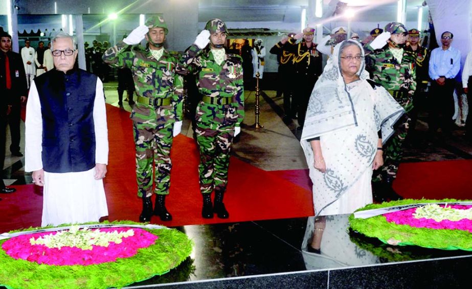 Marking the National Mourning Day President Abdul Hamid and Prime Minister Sheikh Hasina placed wreaths at the portrait of Bangabandhu Sheikh Mujibur Rahman at Bangabandhu Museum in the city on Friday.