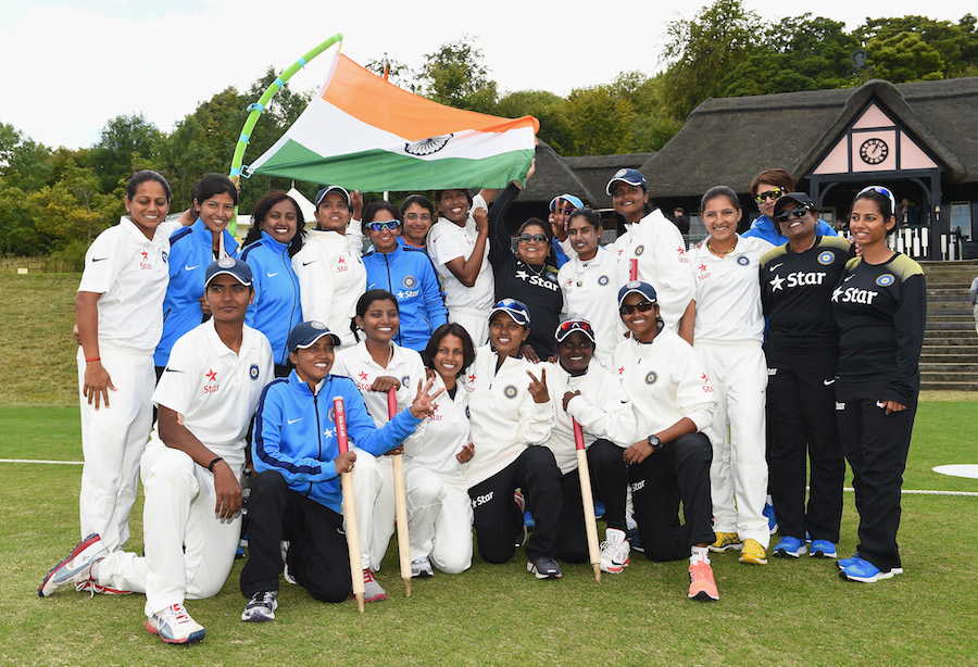 The victorious Indian team after beating England in only women's Test at Wormsley on Saturday.