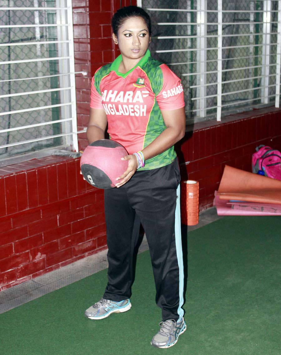 Ayasha Rahman exercises with a ball at Mirpur indoor stadium on Saturday.