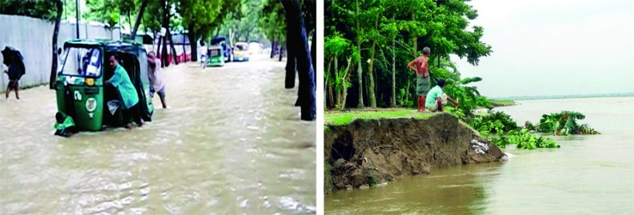 (Left) Feni-Belonia Road goes under flood and hilly waters. (Right) River Dharla continuing to erode homesteads and croplands at Lalmonirhat. These photos were taken on Saturday. Banglar Chokh