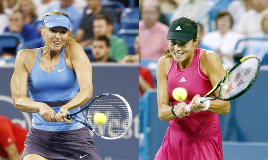 Maria Sharapova (left) from Russia returns a volley to Ana Ivanovic (right) from Serbia during a match at the Western & Southern Open tennis tournament in Mason, Ohio on Saturday. Ivanovic won 6-2, 5-7, 7-5.