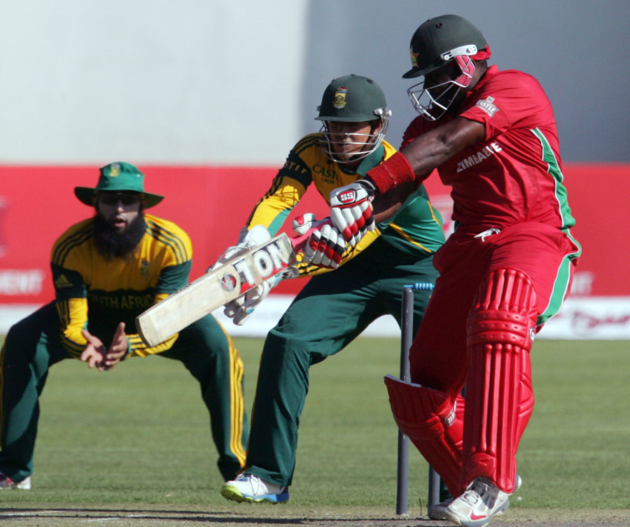 Hamilton Masakadza cuts on his way to 61 during 1st ODI between Zimbabwe and South Africa at Bulawayo on Sunday. South Africa scored 309 for 3 in 50 overs.
