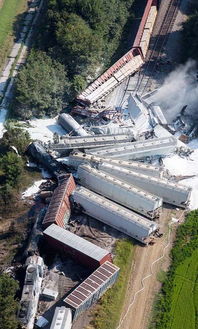 Emergency personnel work at the site of a head-on collision of two Union Pacific trains outside of Hoxie, Ark. in Lawrence County.