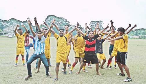 The players of Mass Communication and Journalism Department celebrate after beating Development Studies Department by 3-0 goals in the tie-breaker of the Inter-Department Football Tournament of Dhaka University (DU) at the Central Playground of DU on Mond