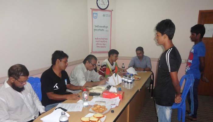 Under-18 players of Sheikh Russel Krira Chakra, Uttar Baridhara Club, Soccer Club, Feni and Chittagong Abahani Limited take part in the age verification & registration in front of Medical team & Committee of Bangladesh Football Federation (BFF) at the BFF
