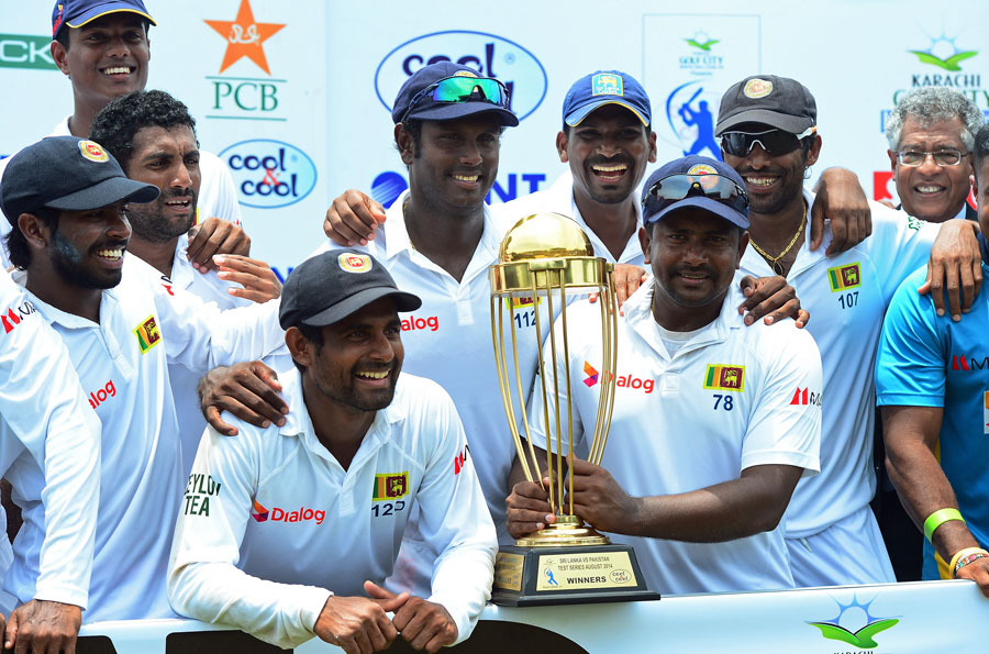 The Sri Lankan team with the series trophy on the 5th day of 2nd Test between Sri Lanka and Pakistan at SSC on Monday.