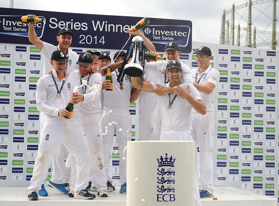 England celebrate their 3-1 Test series win against India at The Oval on Sunday.