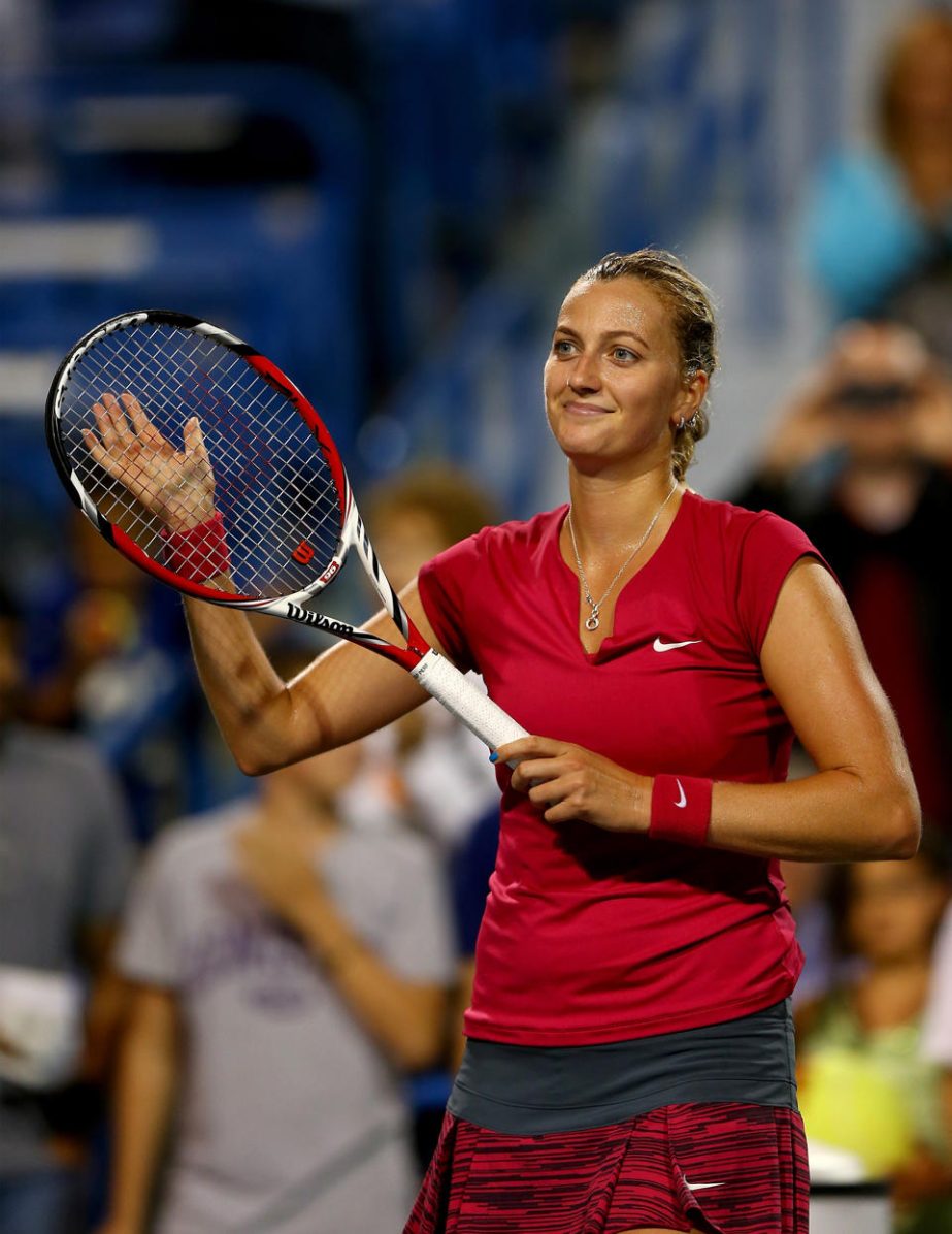 Petra Kvitova of the Czech Republic celebrates her win over Ekaterina Makarova of Russia during the Connecticut Open tennis tournament in New Haven on Tuesday.