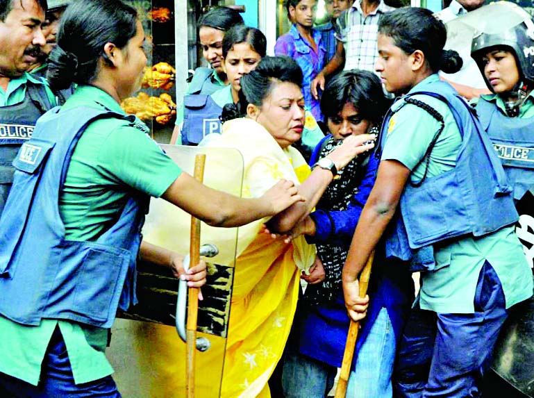 Women law enforcers on Wednesday obstructed the Tuba Group workers led by woman leader Moshrefa Mishu for their bid to stage demo in front of the now closed factory demanding its immediate reopening.
