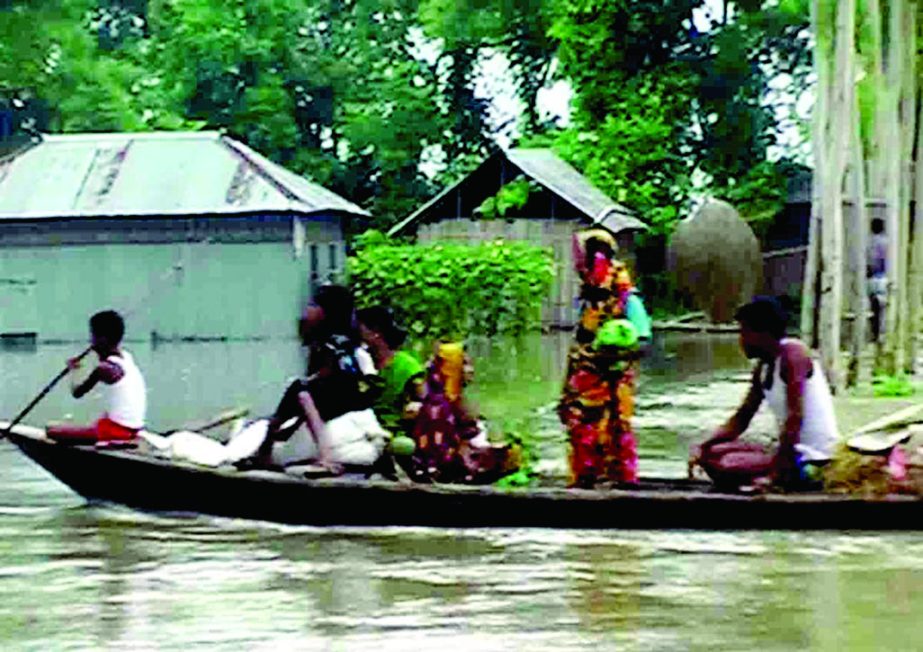 People of Chilmari in Kurigram being taken shelter as flood waters engulfed the vast tracts of land of the district. This photo was taken on Thursday. FNS Photo