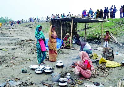 BOGRA: Jamuna erosion affected people have taken shelter on flood control embankment at Sariakandi upazila on Wednesday.