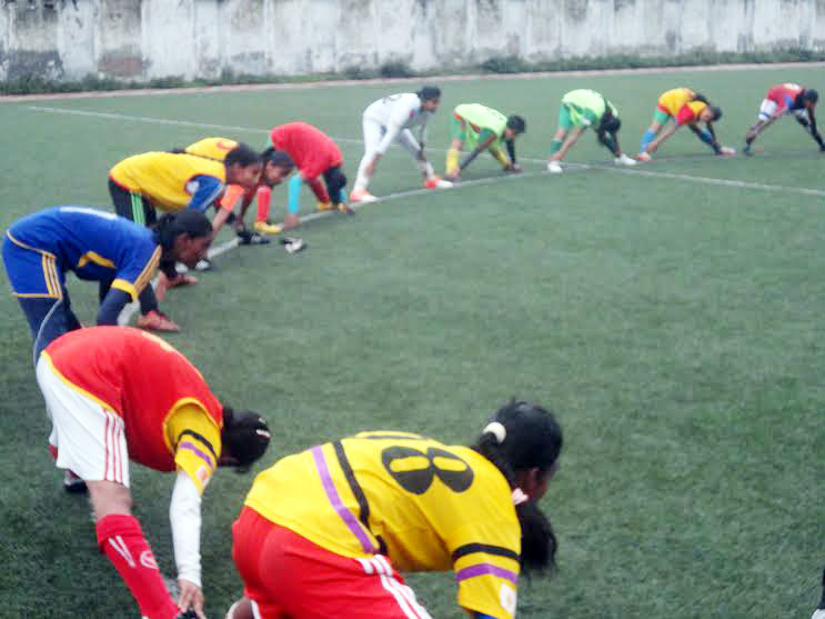A scene from the trial of the Bangladesh National Under-16 Women's Football team at the BFF Artificial Turf on Saturday.