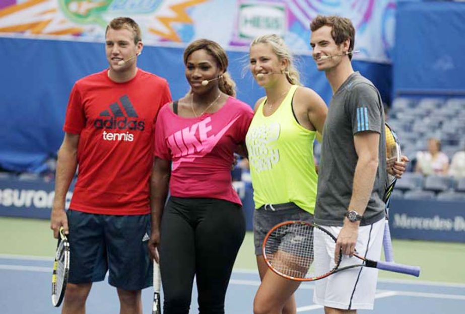 Tennis players (from left) Jack Sock, Serena Williams, Victoria Azarenka and Andy Murray appear at US Open Arthur Ashe Kids Day at the USTA Billie Jean King National Tennis Center in New York on Saturday.