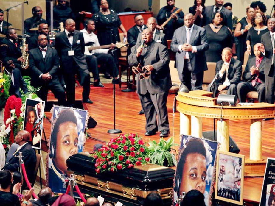 Musicians perform during funeral service for Michael Brown at Friendly Temple Missionary Baptist Church in St. Louis, Missouri.
