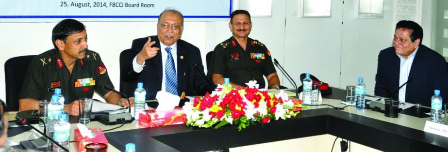 Kazi Akram Uddin Ahmed, President of the Federation of Bangladesh Chambers of Commerce and Industry, speaking on a discussion meeting with Indian National Defence College (NDC) led by Major General Anurag Gupta at FBCCI office on Sunday.