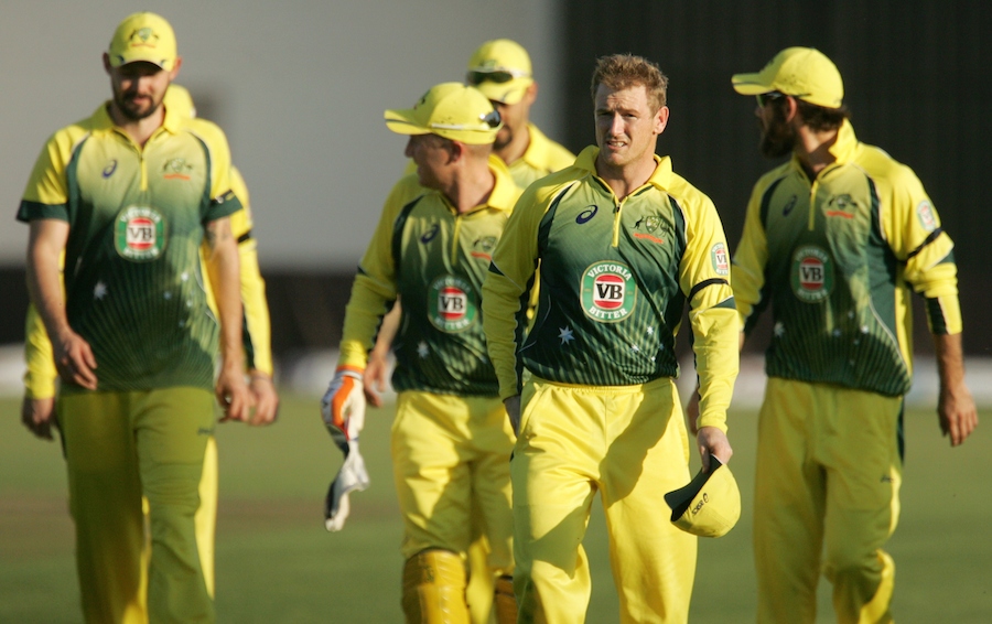 Australia captain George Bailey leads his team off the pitch after victory on Monday during the one day international tri-series opening match against Zimbabwe at the Harare Sports Club.