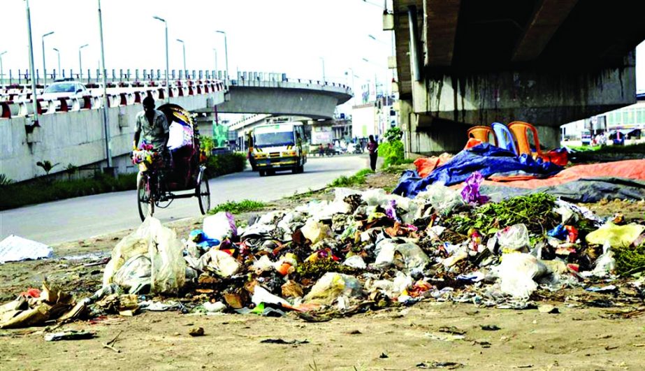 THREAT TO HEALTH AND ENVIRONMENT: Wastes being dumped under the open space of Kuril Flyover in city.