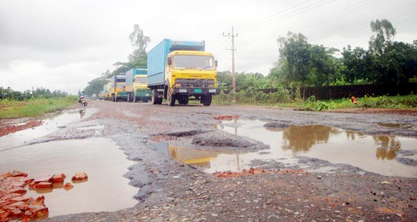 Dilapidated condition of Dhaka- Chittagong Highway at Sitakundo point. This picture was taken on Monday.