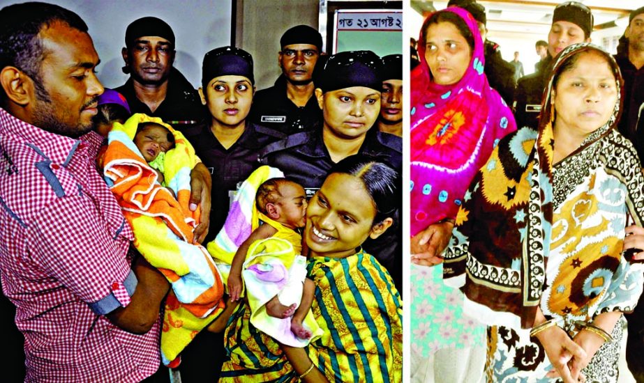 Newborn baby stolen from the Dhaka Medical College Hospital (DMCH) Labour Ward was recovered by RAB from Board Bazar area in Tongi handed over to parents (left) and two baby lifters (R) were arrested on Thursday.