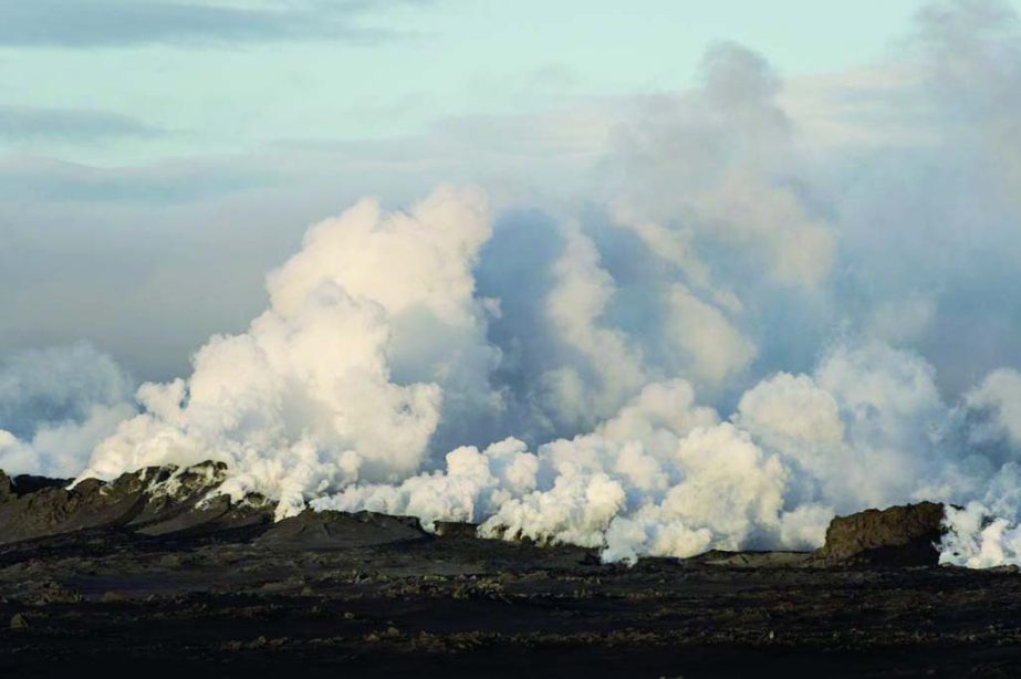 Steam and smoke rise over a 1-km-long fissure in a lava field north of the Vatnajokull glacier, which covers part of Bardarbunga volcano system.