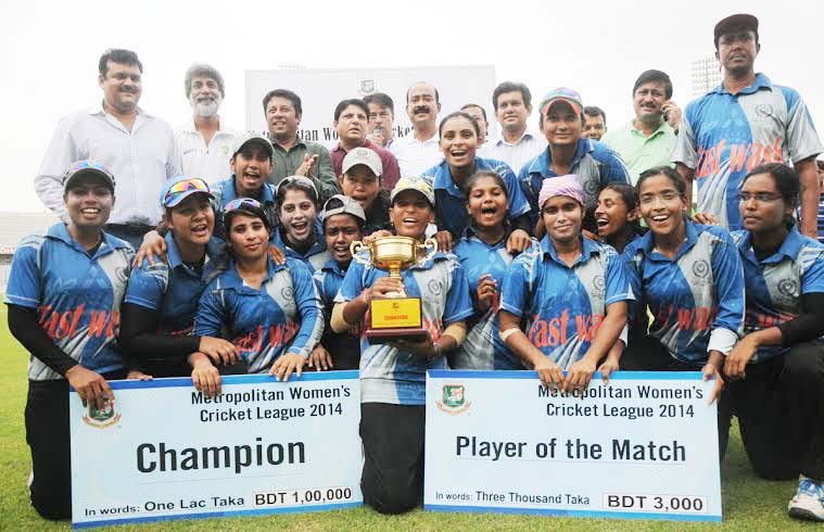 Members of Mohammedan Sporting Club, the champions of the Metropolitan Women's Cricket League and the officials of BCB pose for a photograph at the Sher-e-Bangla National Cricket Stadium in Mirpur on Saturday.