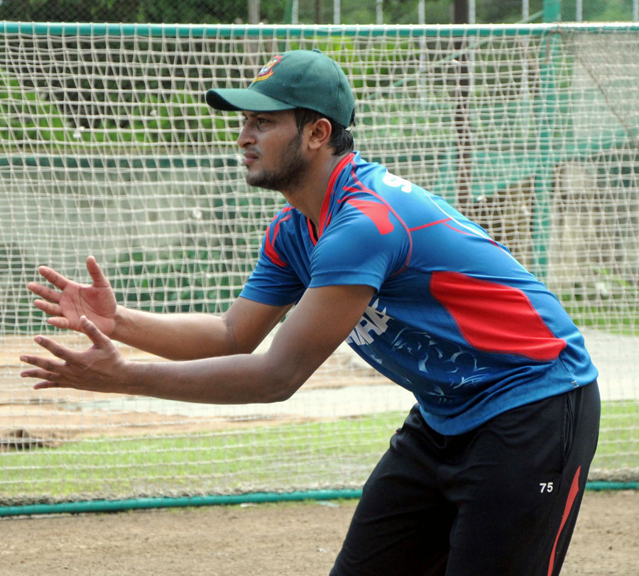 Ace all-rounder Shakib Al Hasan taking part at the practice session at the Sher-e-Bangla National Cricket Stadium in Mirpur on Sunday.