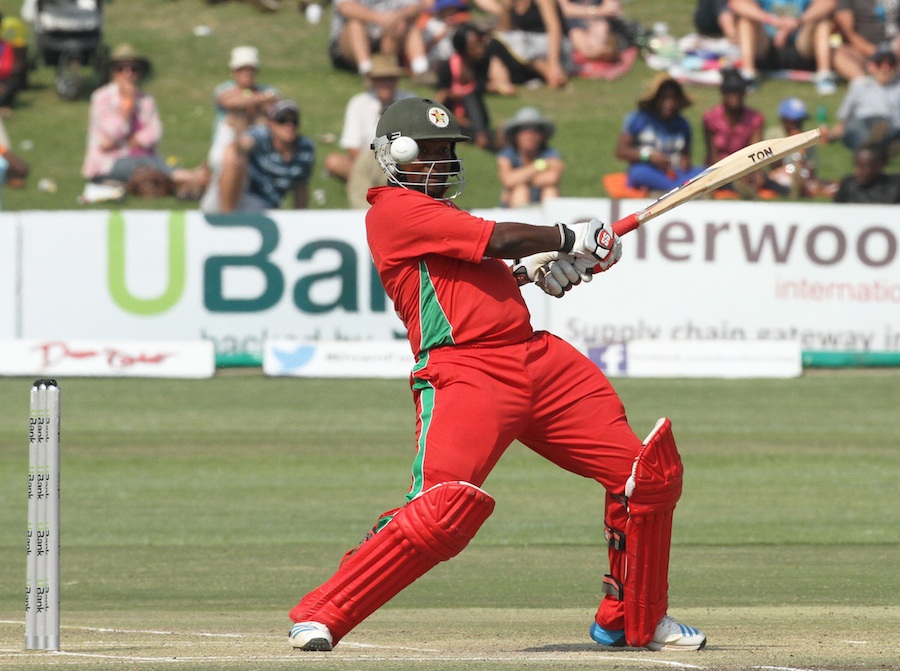 Zimbabwean batsman Tinotenda Mawoyo plays a shot during the One Day International cricket match against Australia in Harare Zimbabwe on Sunday. Zimbabwe won by 3 wickets with 12 balls remaining.