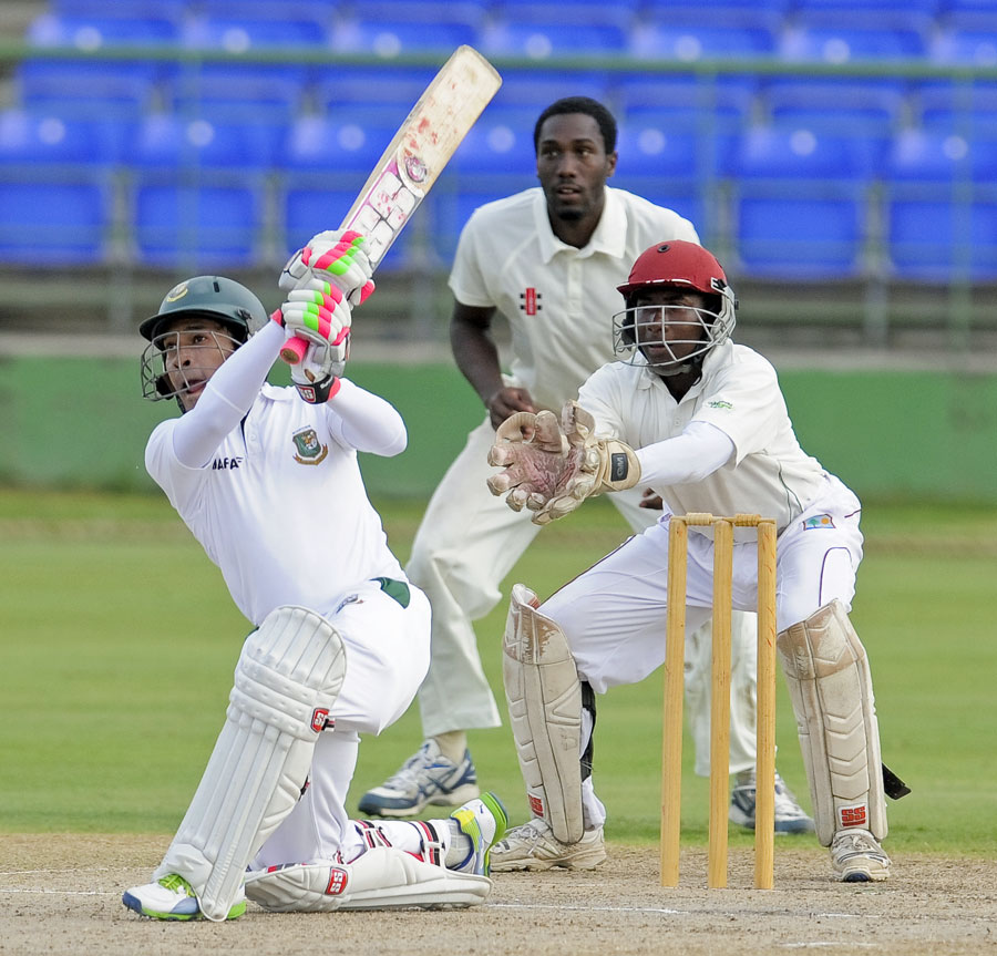 Mushfiqur Rahim hits one over the top during the 1st day game of the three-day practice match between Bangladesh and St Kitts & Nevis at St Kitts on Saturday.