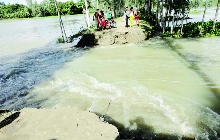 Culvert between Choukibari and Sonamukhi Bailey Bridge was washed away by the strong current of flood waters in Dhunot in Bogra. This photo was taken on Sunday.