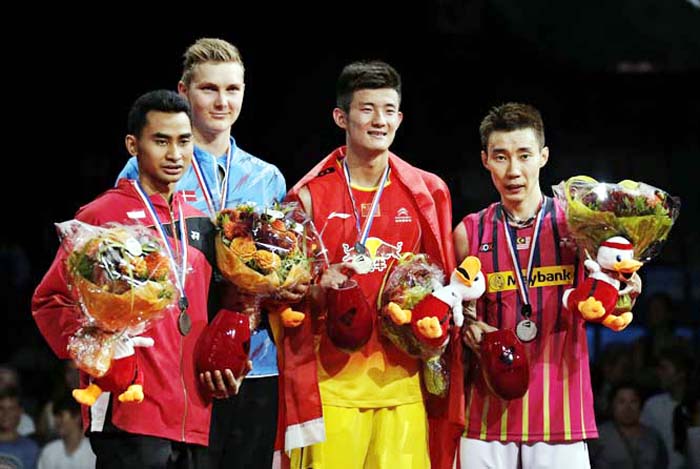 From left: Indonesiaâ€™s bronze medallist Tommy Sugiarto, Denmarkâ€™s bronze medallist Viktor Axelsen, Chinaâ€™s gold medallist Chen Long and Malaysiaâ€™s silver medallist Lee Chong Wei at the podium after the men's singles final mat