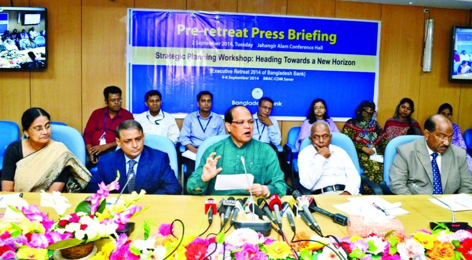 BB Governor Dr Atiur Rahman addressing a press briefing on â€˜Strategic Planning Workshop: Heading Towards a New Horizonâ€™ at BB's Jahangir Alam Conference Hall on Tuesday.