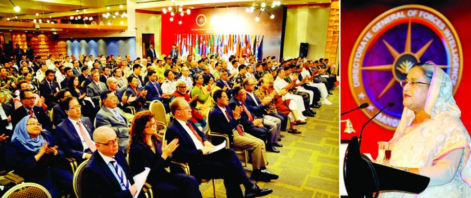 Prime Minister Sheikh Hasina speaking at the 7th Asia Pacific Intelligence Chiefs Conference at Hotel Radisson in the city on Tuesday. BSS photo