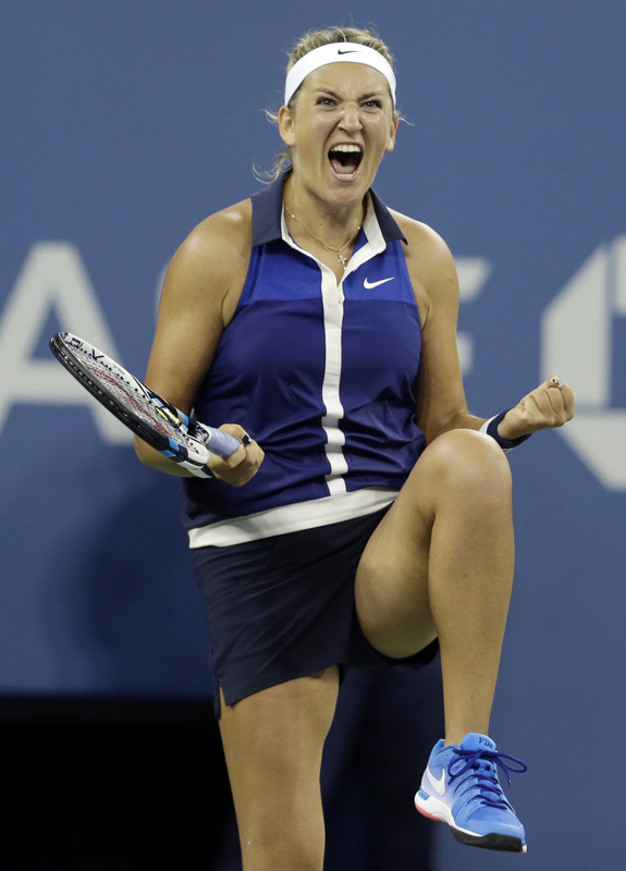 Victoria Azarenka of Belarus reacts after defeating Aleksandra Krunic of Serbia during the fourth round of the 2014 US Open tennis tournament in New York on Monday.