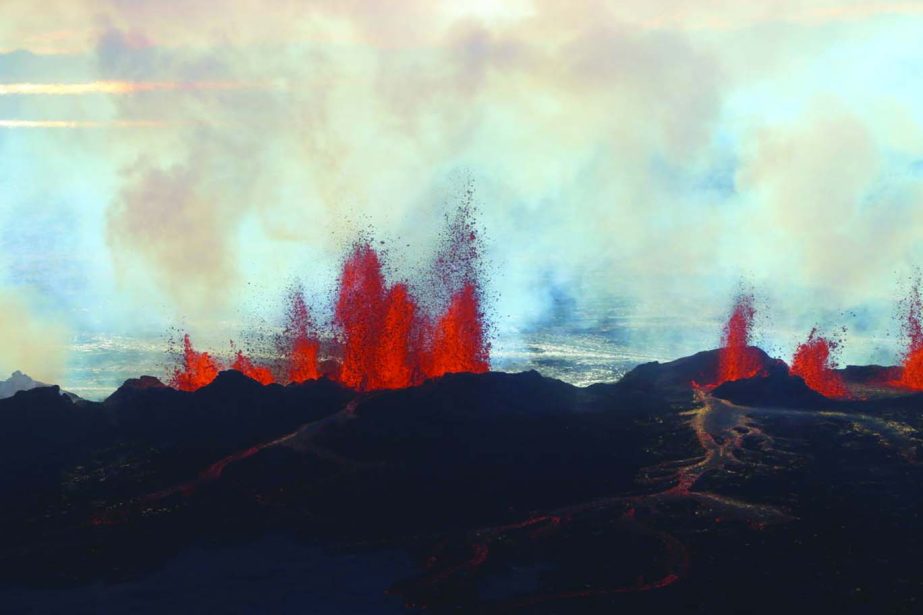 Fountains of lava, up to 60 meters high, spurt from a fissure in the ground on the north side of the Bardarbunga volcano in Iceland on Tuesday.