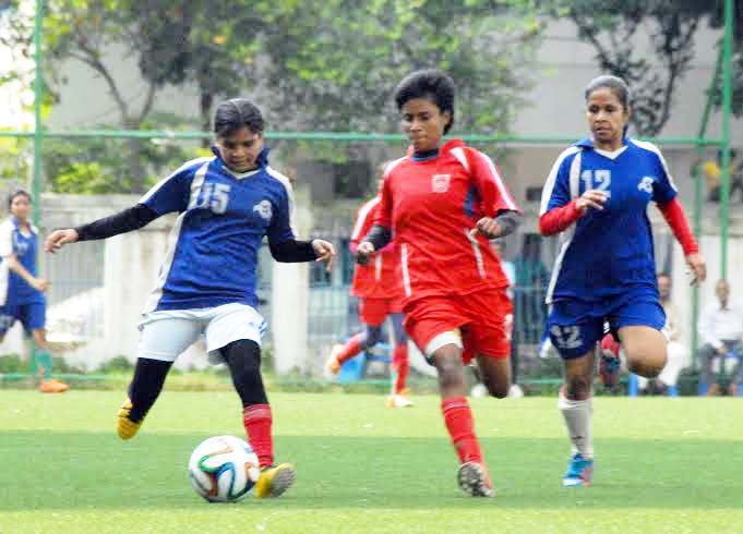 A scene from the practice football match between Bangladesh Under-16 National Women's Football team and Narayanganj District Women's Football team at the BFF Artificial Turf on Wednesday. Bangladesh Under-16 National Women's Football team won the match