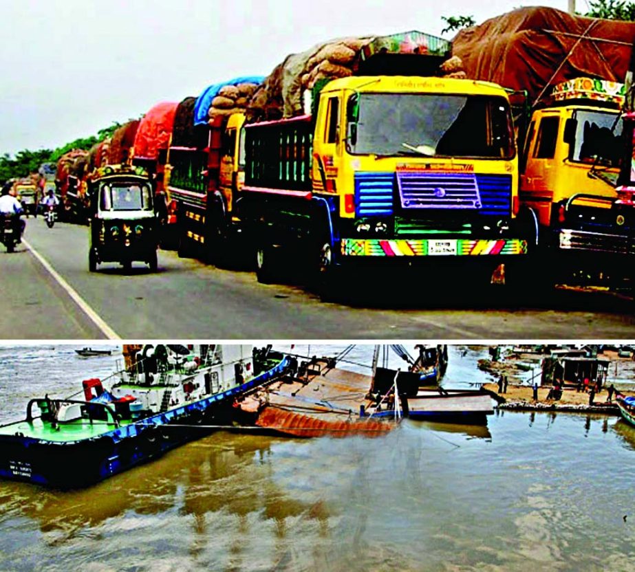 At least 1000 goods-laden trucks waiting in queue for a long period (top) as ferry terminal (bottom) at Mawa Ghat not yet restored due to submerged by the Padma river erosion recently. This photo was taken on Wednesday.